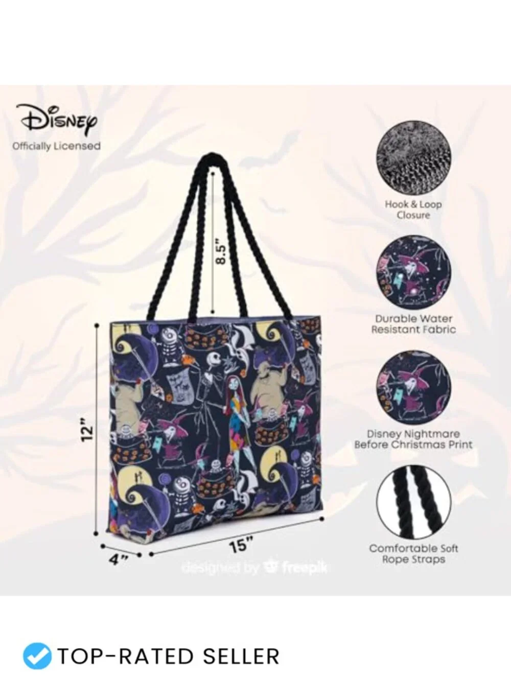 Disney Tote Bag with Jack Skellington Sally Zero Print - Polyester Canvas